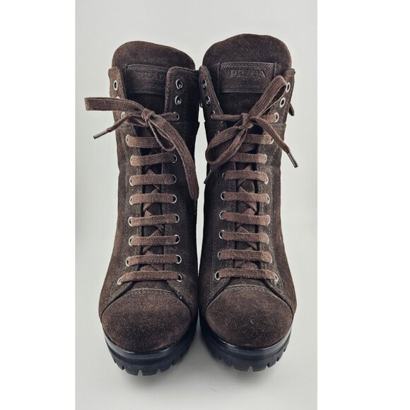 Prada Brown Suede Combat Ankle Boots Size 6.5 - Picture 1 of 13